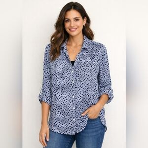 Next White Blue Stripe Splatter Print Roll Tab Sleeve Button Up Blouse Medium